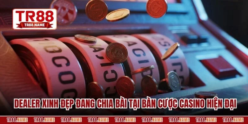 Dealer xinh đẹp đang chia bài tại bàn cược casino hiện đại